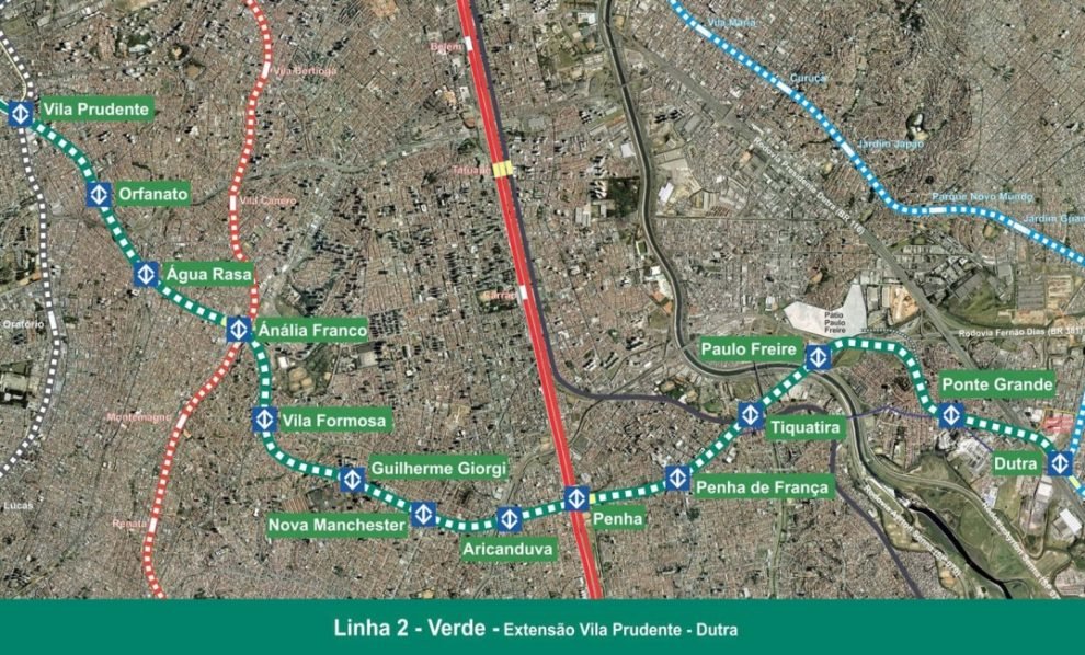Mapa da extensão Linha 2-Verde entre a Vila Prudente e a Dutra